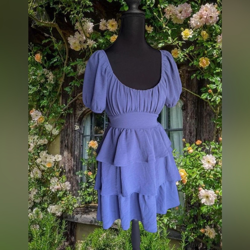 Puff-Sleeve Lavender Tiered Mini Dress